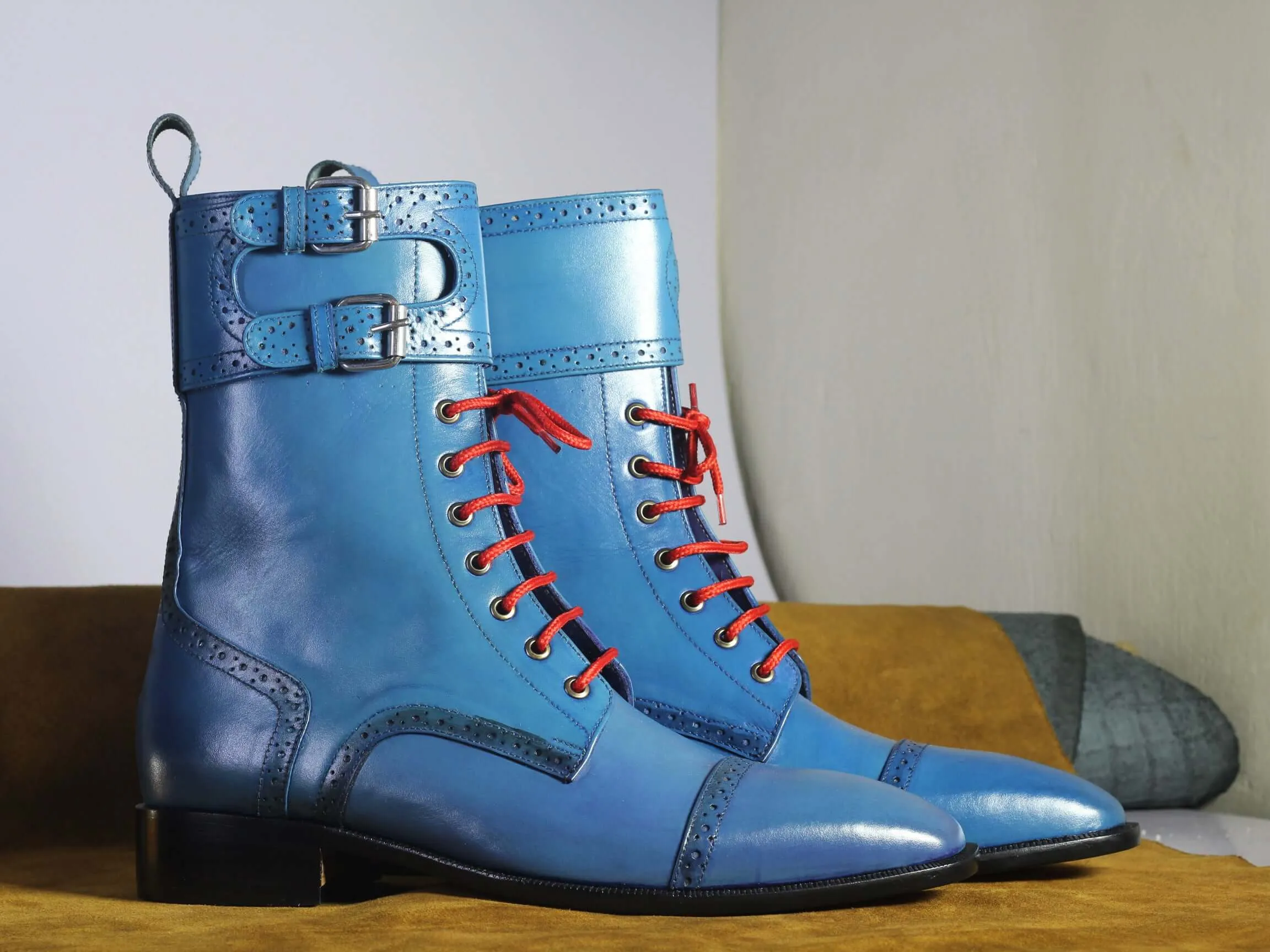 Men's Blue Leather Ankle High Red Lace Up Boot,Handmade Boot