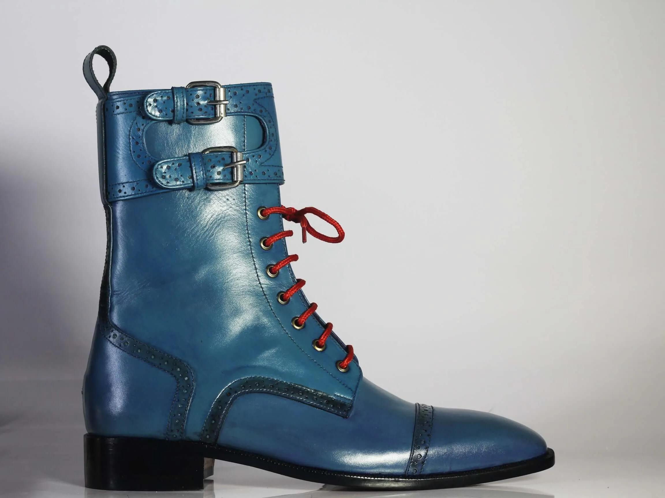 Men's Blue Leather Ankle High Red Lace Up Boot,Handmade Boot