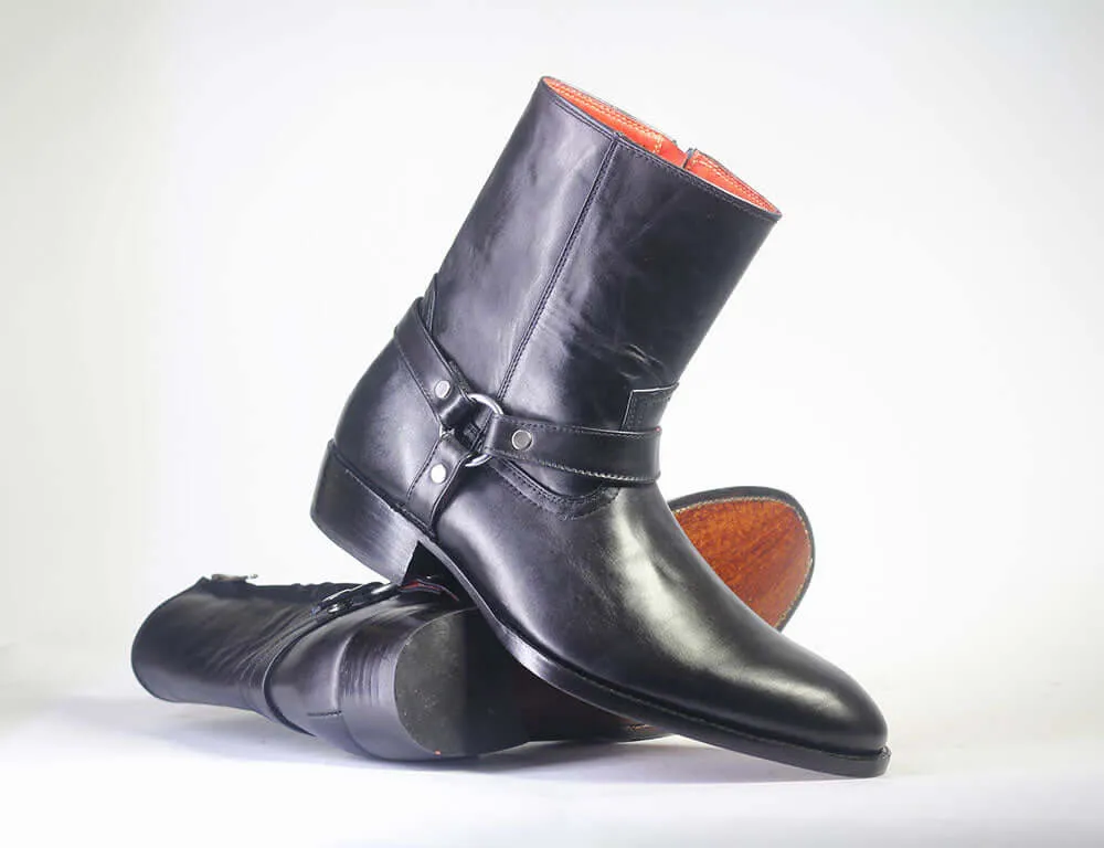 Men's Handmade Ankle High Black Madrid Straps Leather Boot3