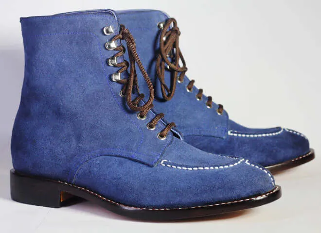 Men's Handmade Ankle High Blue Split Toe Suede Boot