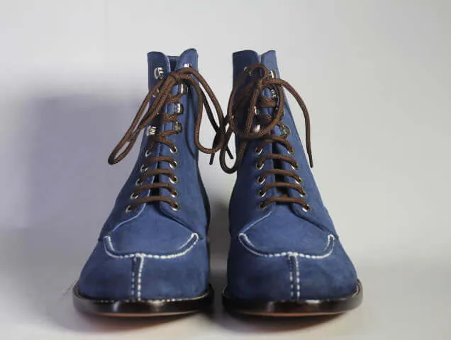 Men's Handmade Ankle High Blue Split Toe Suede Boot