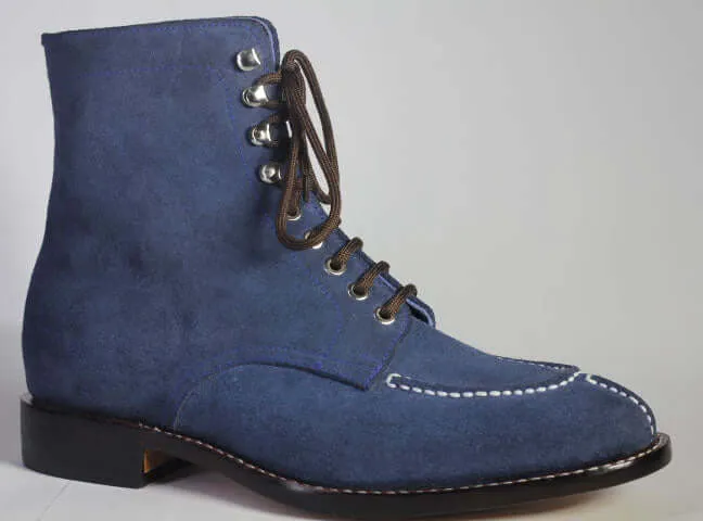 Men's Handmade Ankle High Blue Split Toe Suede Boot