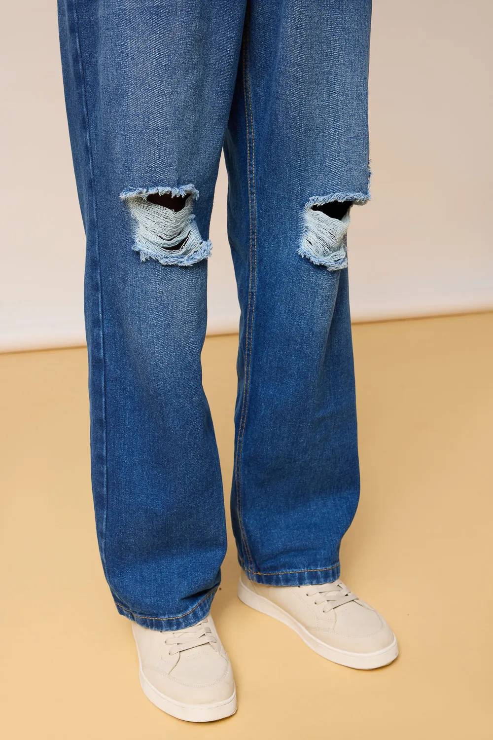 Mid Blue Denim Distressed Men's Wide Jeans