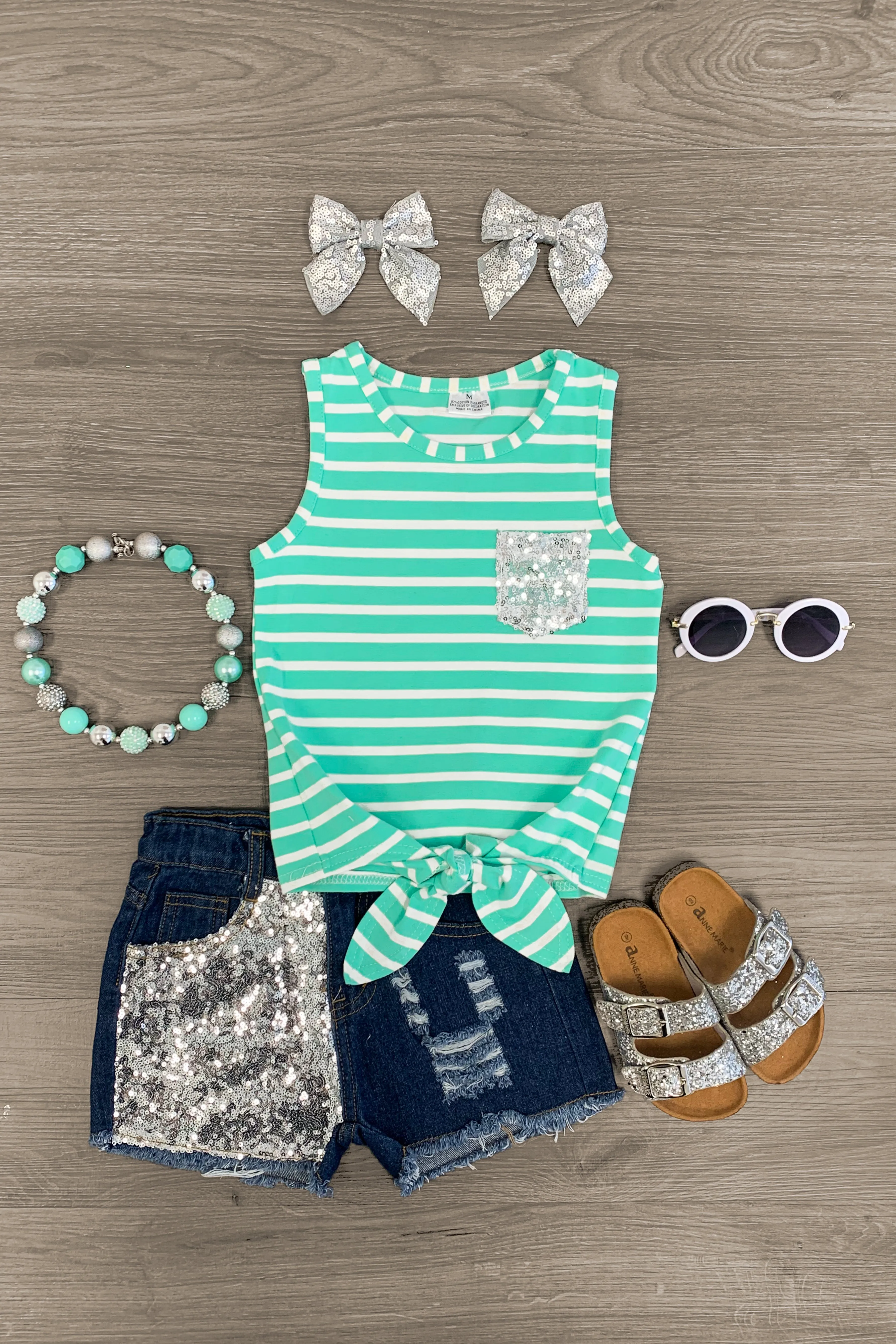 Mint Striped Tie Tank Denim Short Set