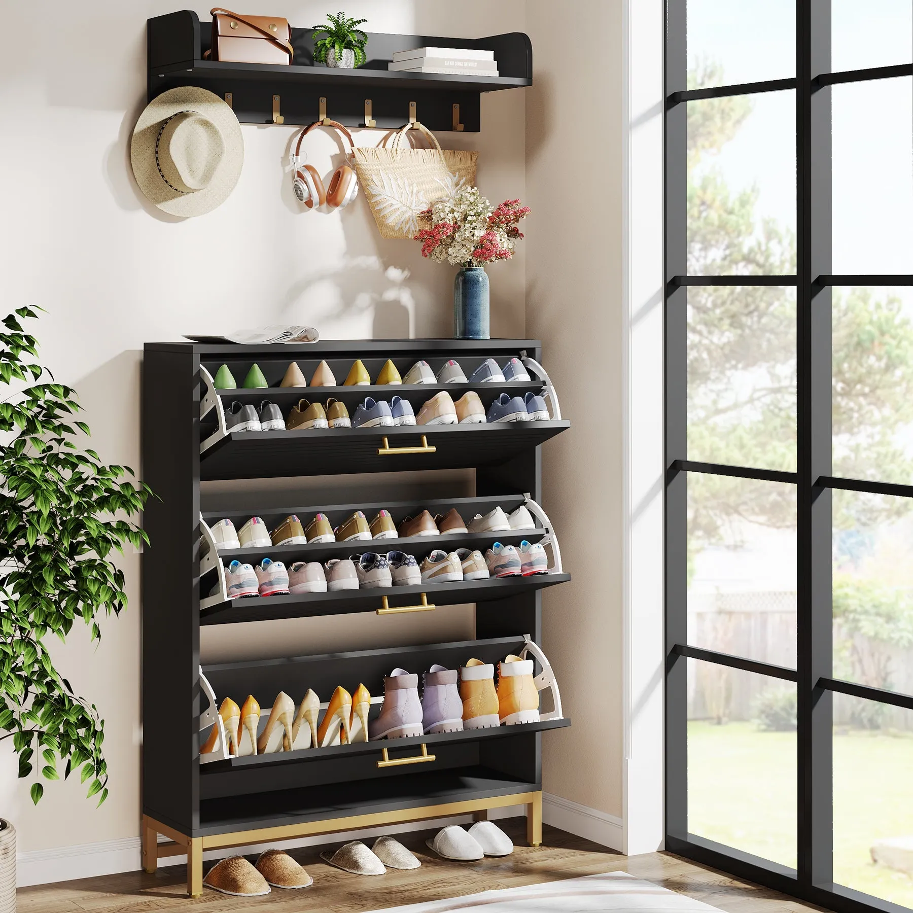 Modern Shoe Cabinet with Wall Mounted Coat Rack & Flip Drawer