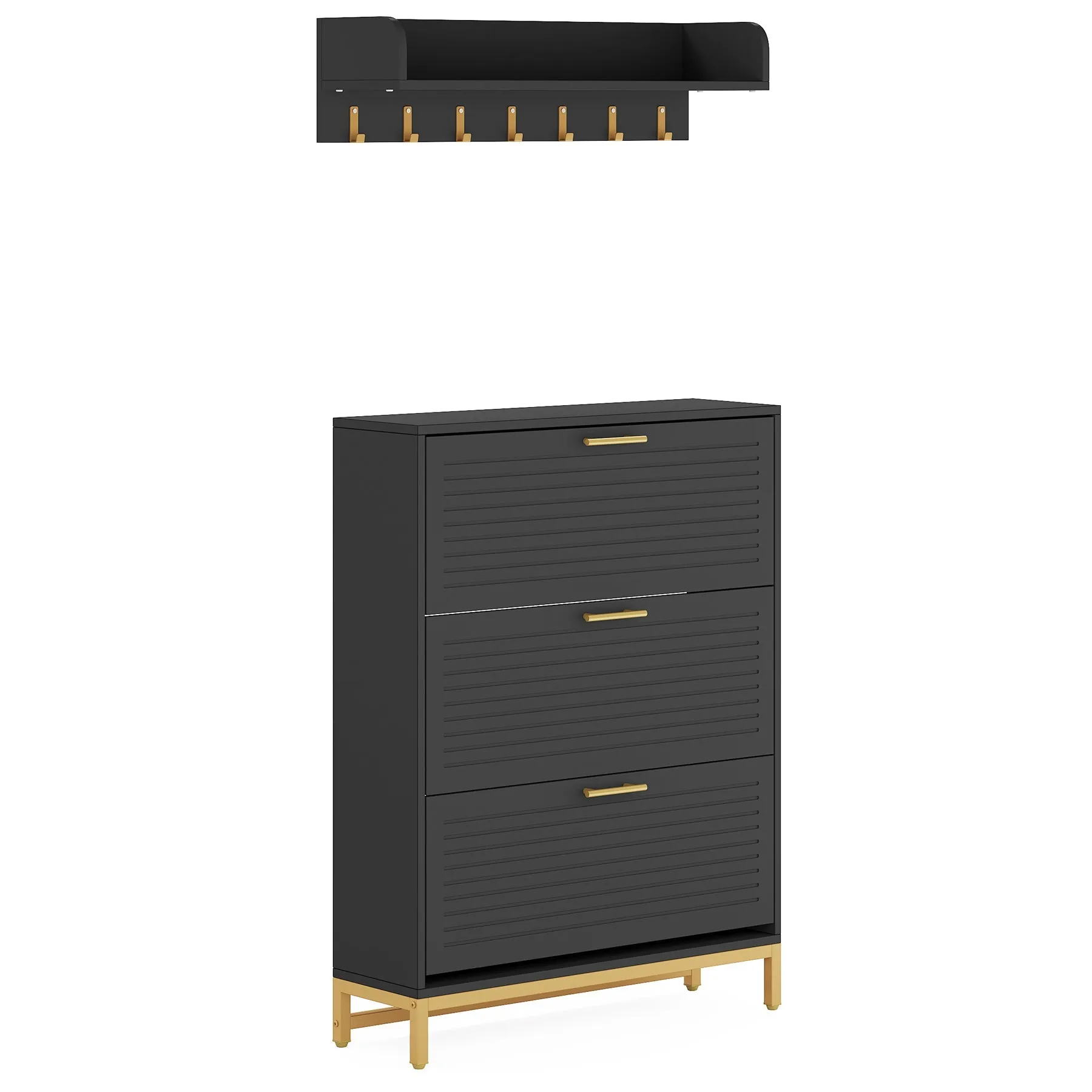 Modern Shoe Cabinet with Wall Mounted Coat Rack & Flip Drawer