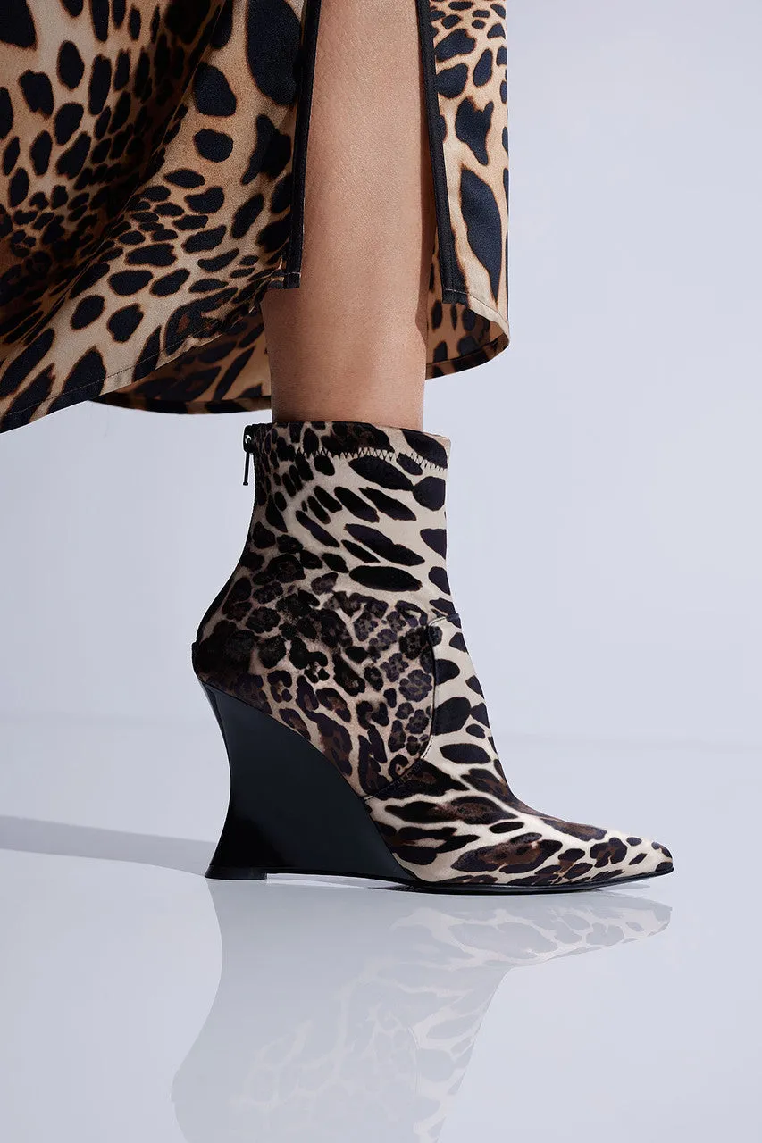 Neko Luxe Leopard Satin Wedge Ankle Boot