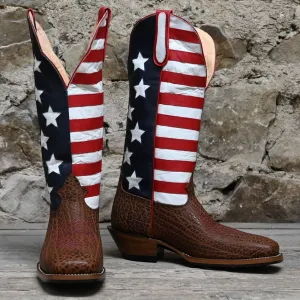 Nutted Calf Men's 16" USA Boot with Cognac Bullhide Vamp, Inlaid Red-White-Blue Stars & Stripes Top