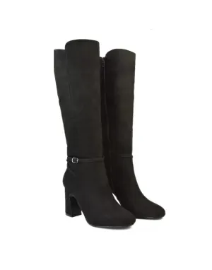 Olly Buckle Zip Up Block Mid Heel Knee High Boots in Black Faux Suede