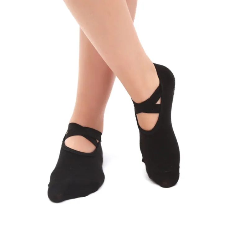 One Pair Ladies Cross Strap Version Edging Backless Yoga Socks Non-slip Boat Socks, Size:One Size(Black)