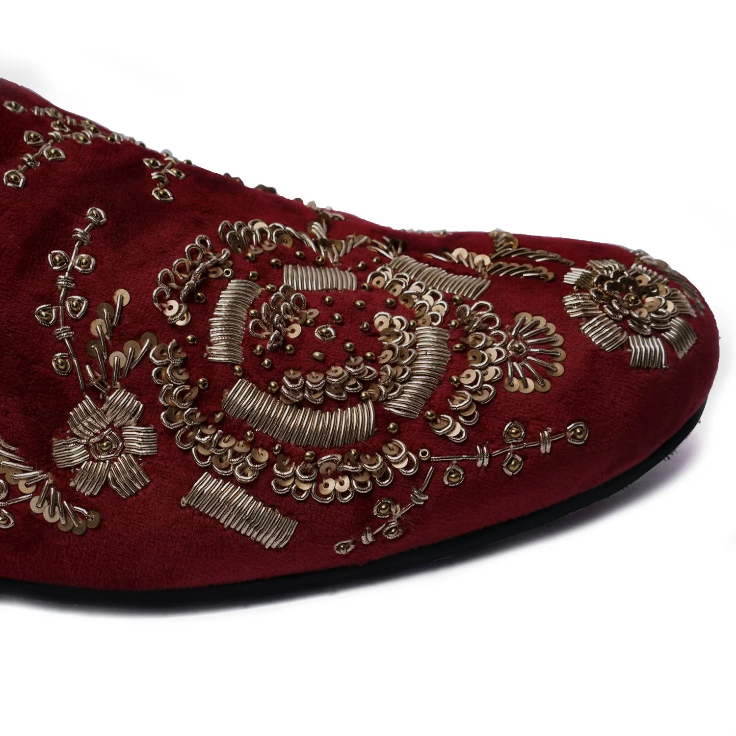 Pink Italian Velvet Slip-On Shoes Wedding Oriented Golden Zardosi Embroidery