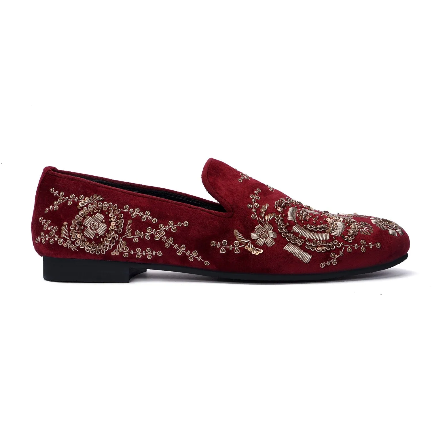 Pink Italian Velvet Slip-On Shoes Wedding Oriented Golden Zardosi Embroidery