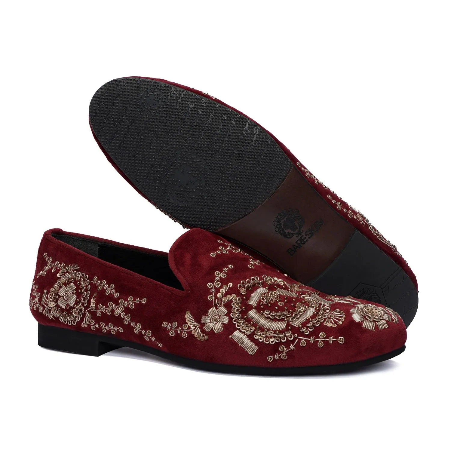 Pink Italian Velvet Slip-On Shoes Wedding Oriented Golden Zardosi Embroidery