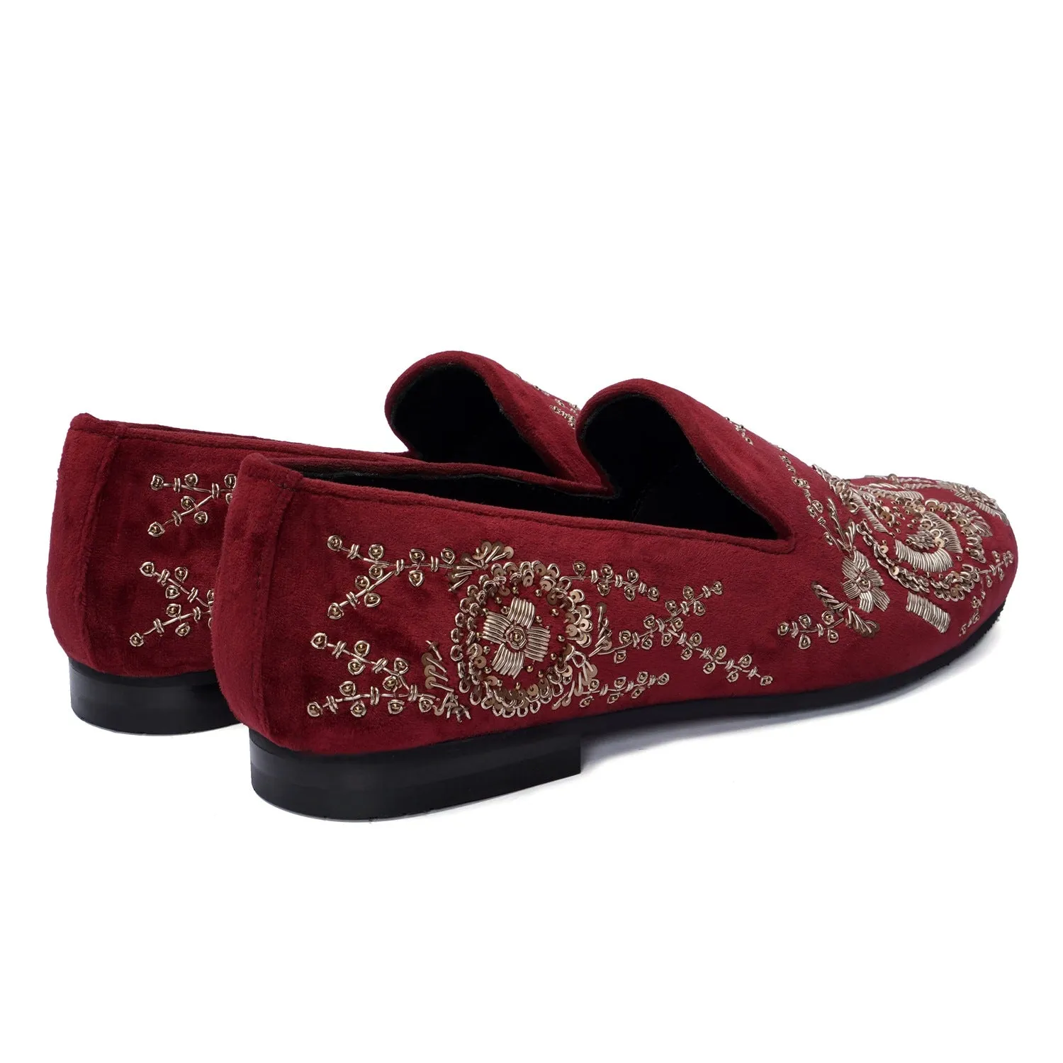 Pink Italian Velvet Slip-On Shoes Wedding Oriented Golden Zardosi Embroidery