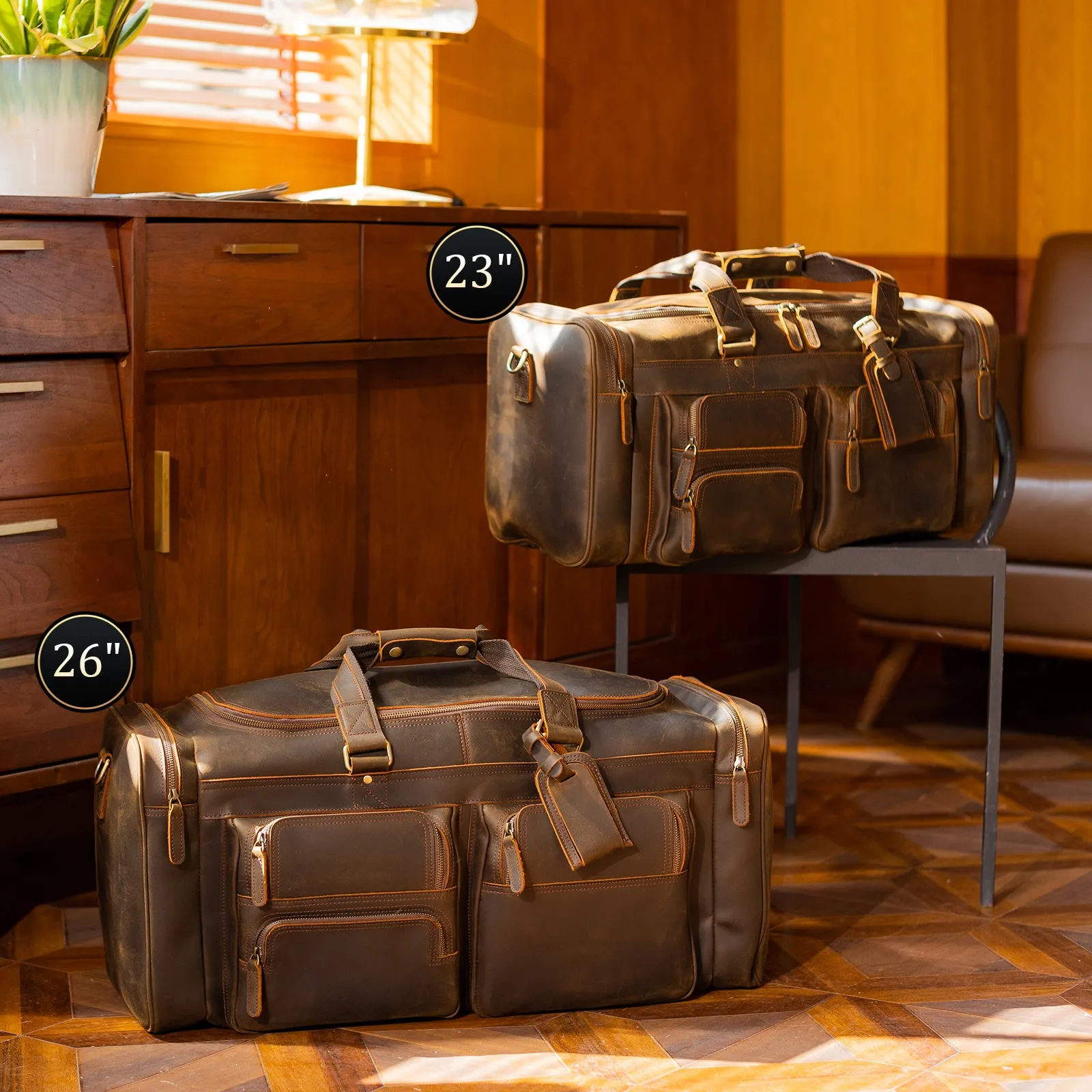 Polare 23"/26" Leather Duffel Weekender Travel Bag For Men With Full Grain Cowhide Leather 42L/56L