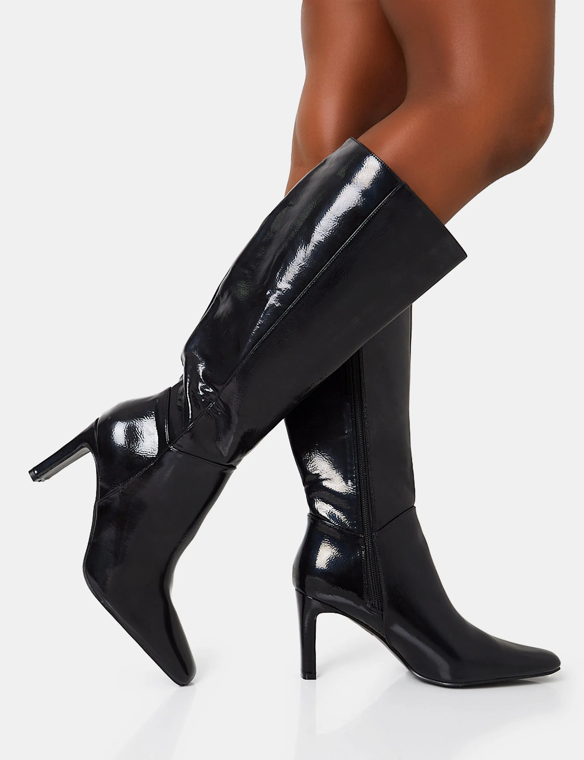 Pose Wide Fit Black Textured Zip Up Knee High Slim Block Heeled Boots