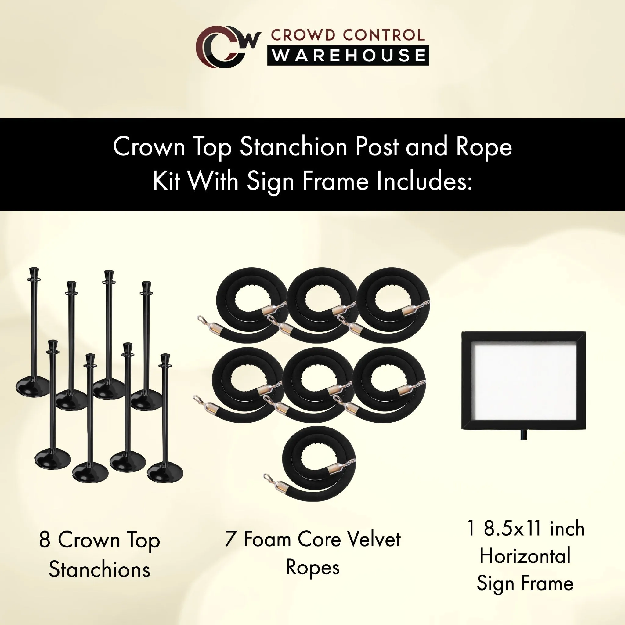 Post and Rope Stanchion Kit, Crown Top Posts, 6 Ft. Velvet Foam Core Rope and Sign Frame - Montour Line