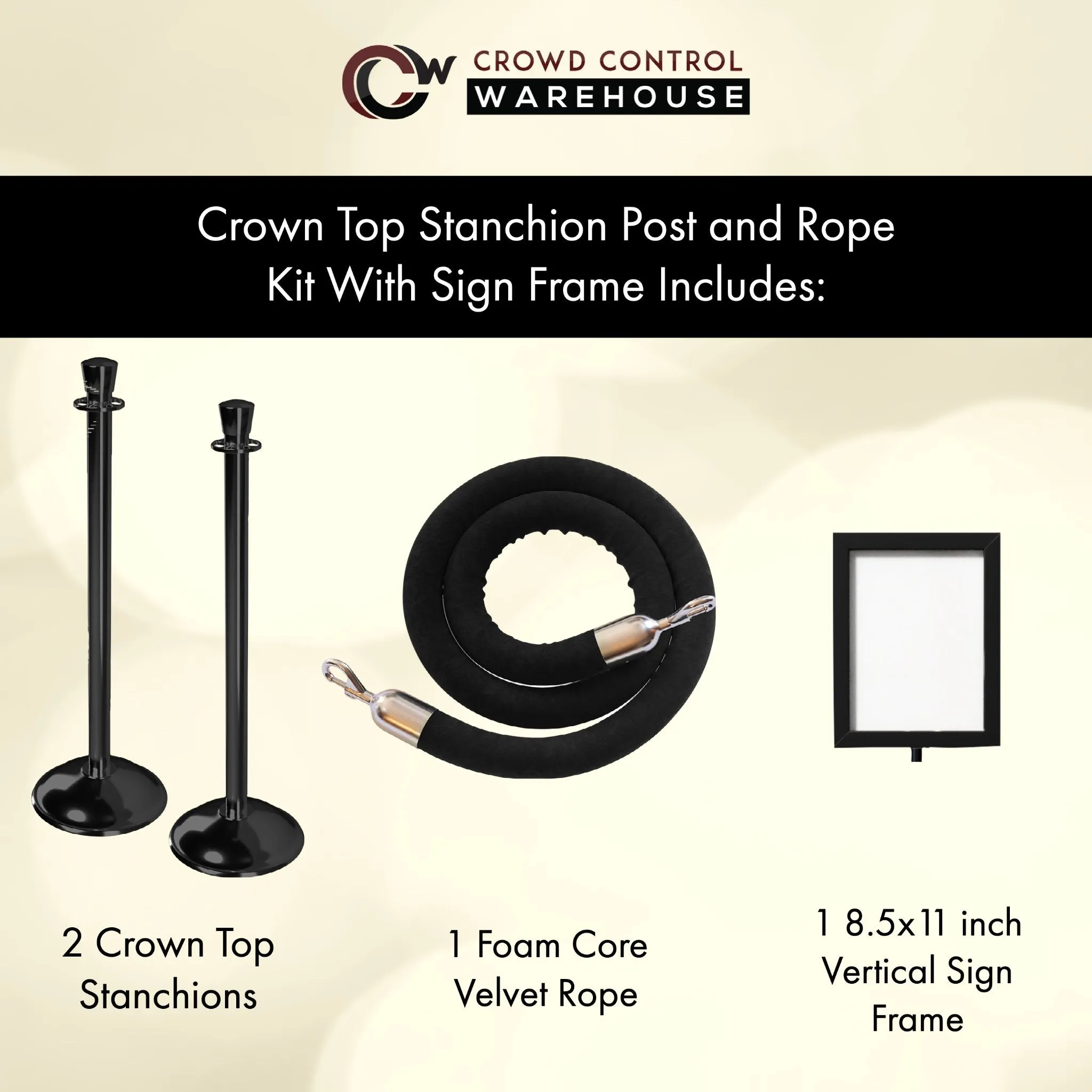 Post and Rope Stanchion Kit, Crown Top Posts, 6 Ft. Velvet Foam Core Rope and Sign Frame - Montour Line