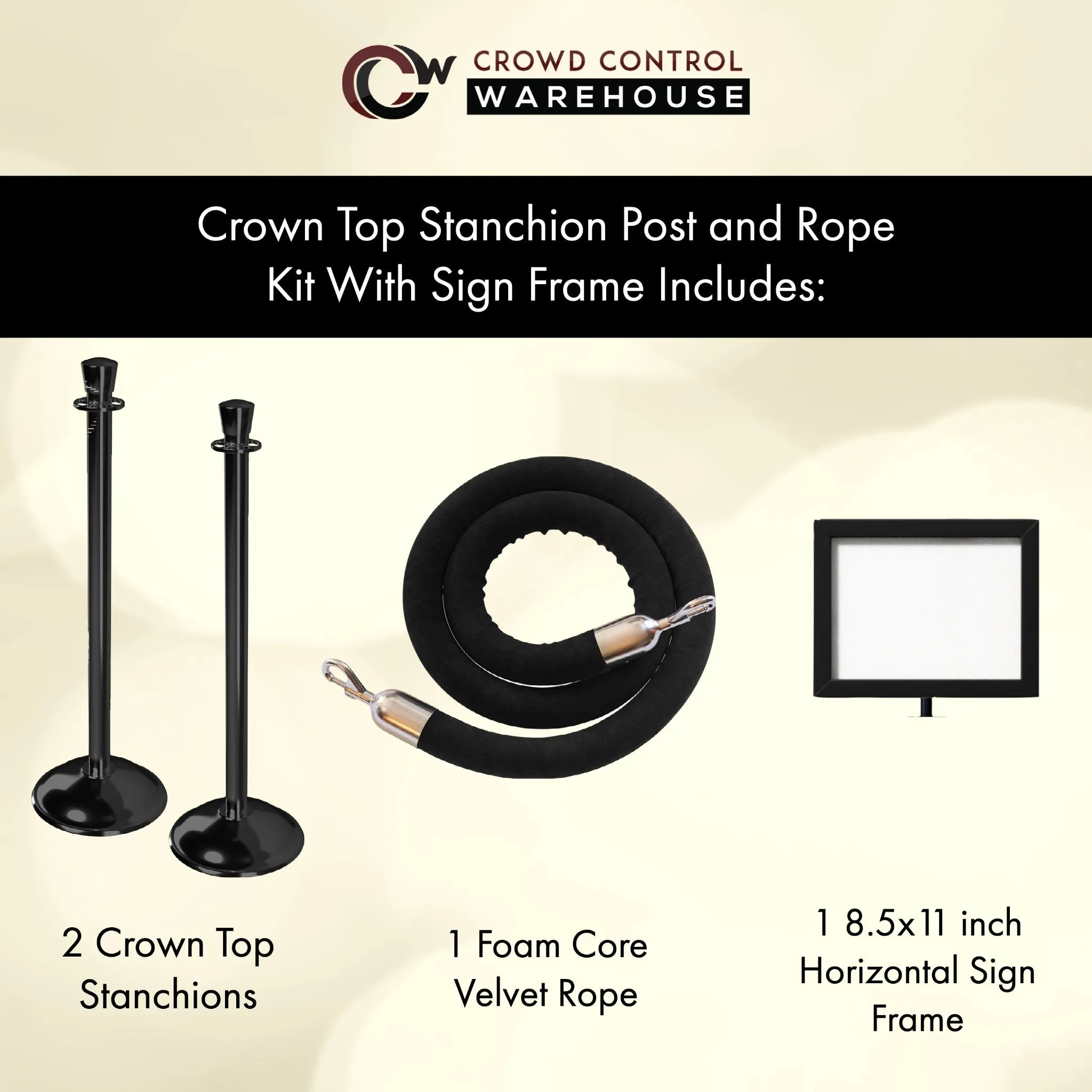 Post and Rope Stanchion Kit, Crown Top Posts, 6 Ft. Velvet Foam Core Rope and Sign Frame - Montour Line