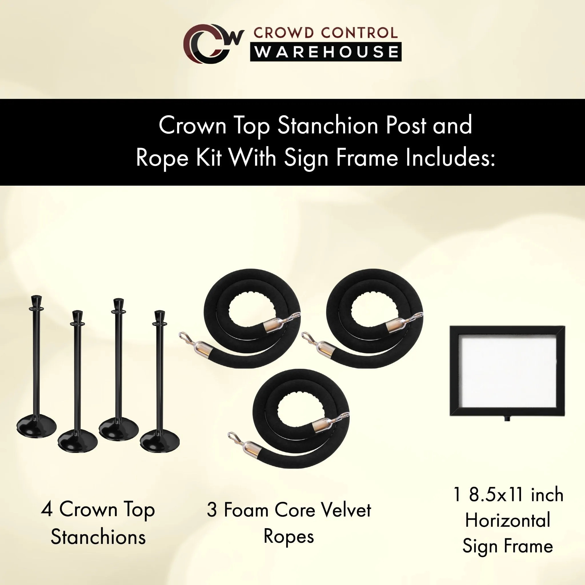 Post and Rope Stanchion Kit, Crown Top Posts, 6 Ft. Velvet Foam Core Rope and Sign Frame - Montour Line