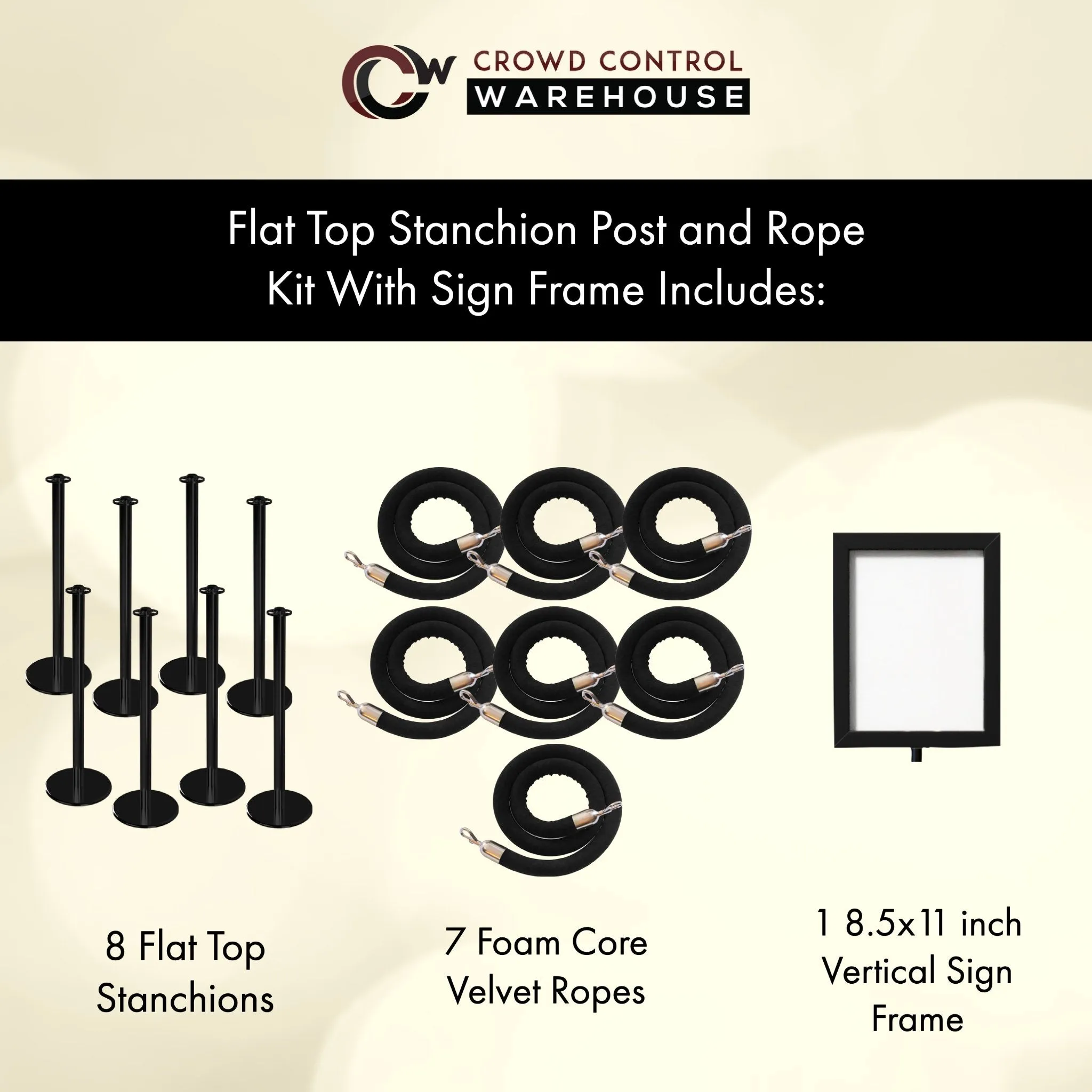 Post and Rope Stanchion Kit, Flat Top Posts, 6 Ft. Velvet Foam Core Rope and Sign Frame - Montour Line