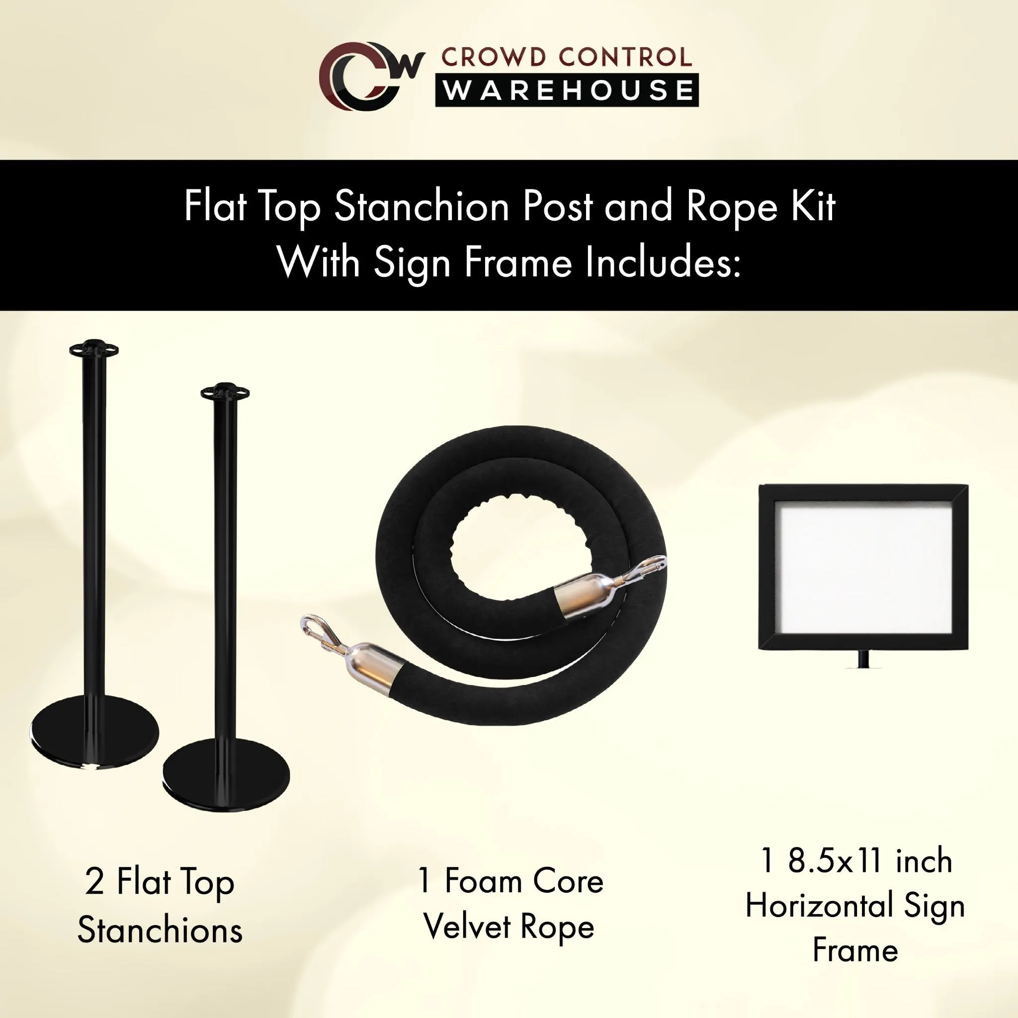 Post and Rope Stanchion Kit, Flat Top Posts, 6 Ft. Velvet Foam Core Rope and Sign Frame - Montour Line