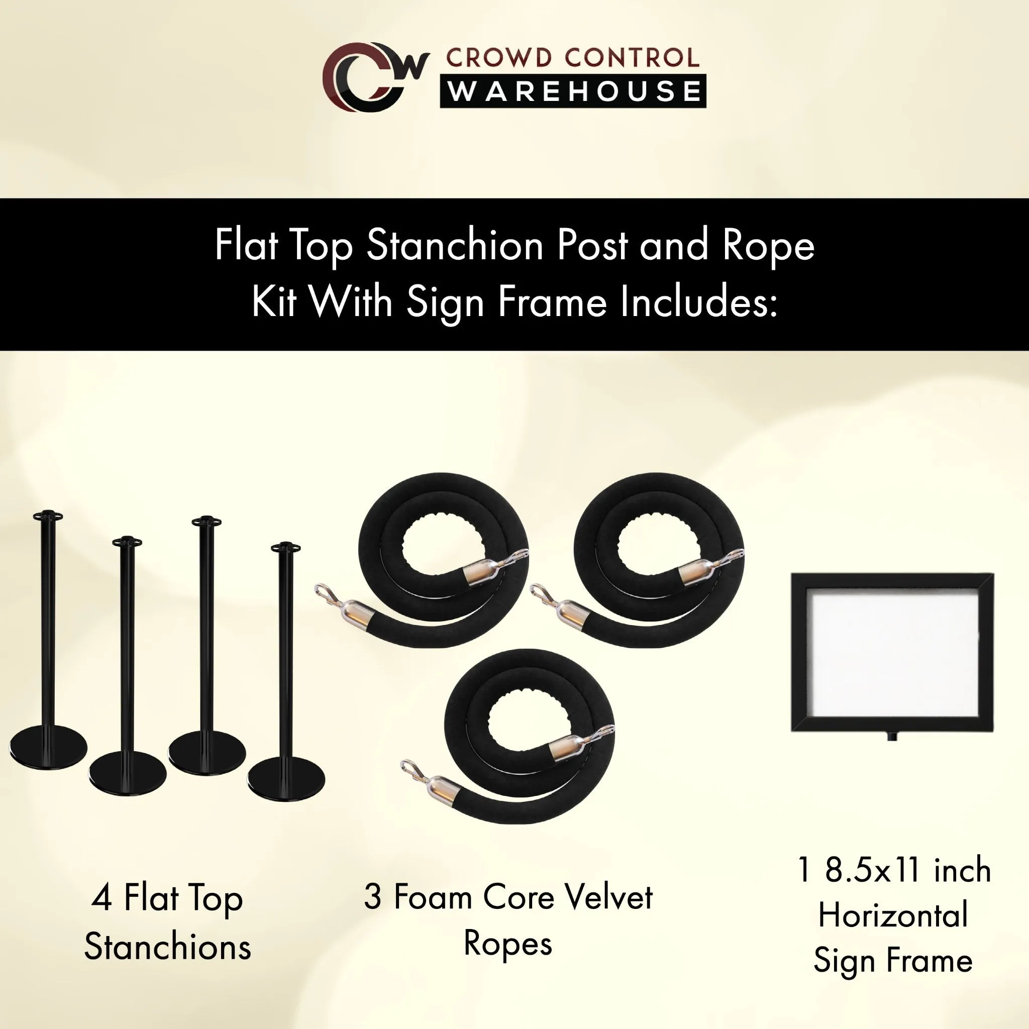 Post and Rope Stanchion Kit, Flat Top Posts, 6 Ft. Velvet Foam Core Rope and Sign Frame - Montour Line