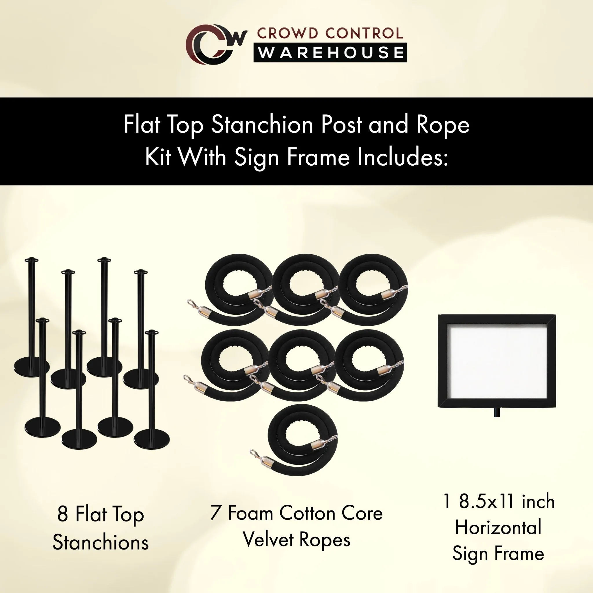 Post and Rope Stanchion Kit, Flat Top Posts, 6 Ft. Velvet Foam Core Rope and Sign Frame - Montour Line