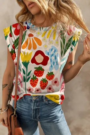 Printed Round Neck Cap Sleeve T-Shirt