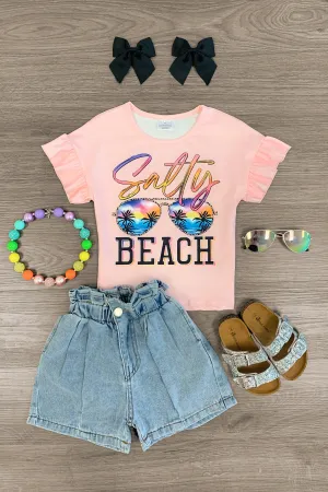 "Salty Beach" Pink Ruffle Denim Short Set