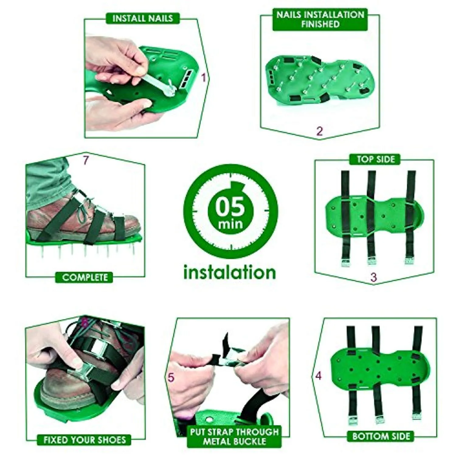 R&H Lawn Aerator Shoes with Upgrated Zinc Alloy Buckles Spikes Aerator Sandals for Aerating Your Grass Lawn or Yard 3 Straps Universal Size for a Greener and Healthier Garden (Green)