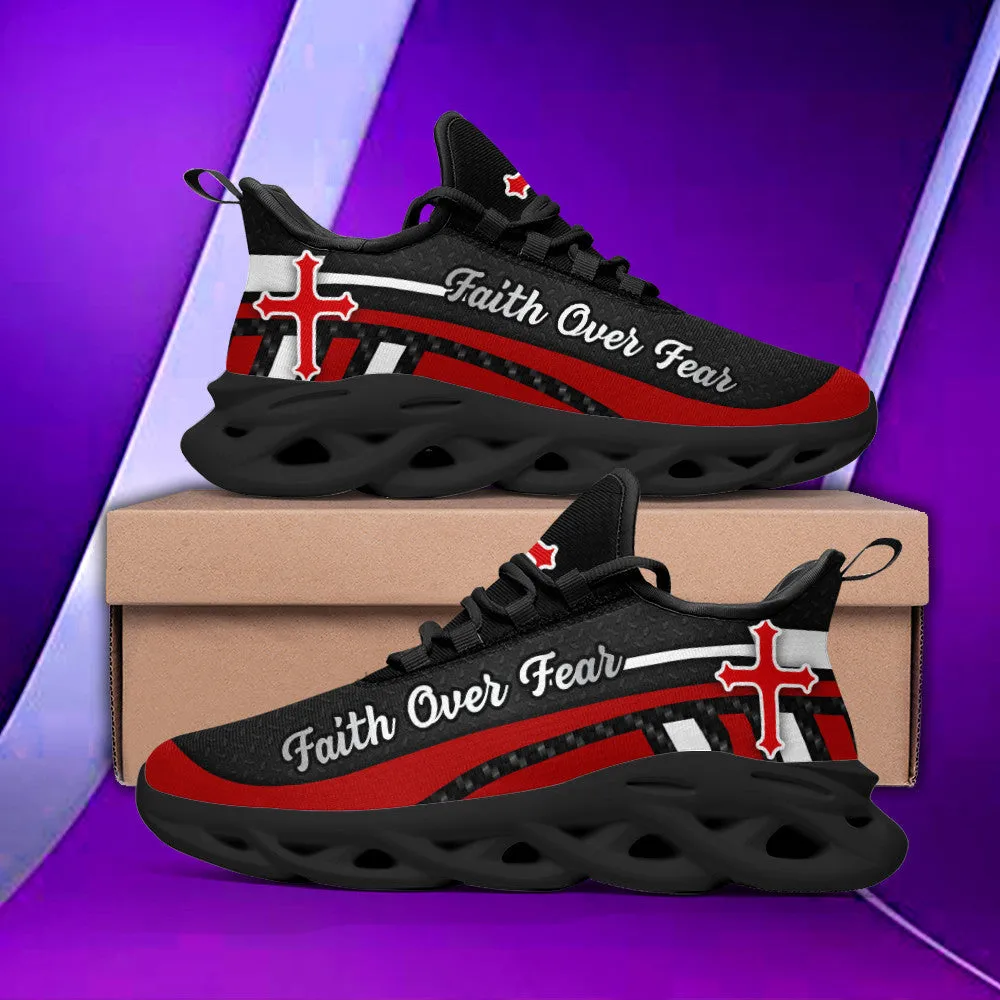 Red Black Jesus Faith Over Fear Running Sneakers Max Soul Shoes - Christian Shoes For Men And Women