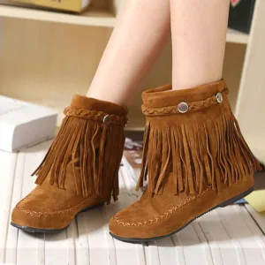 Retro bohemia tassels faux suede fringe booties for fall/winter