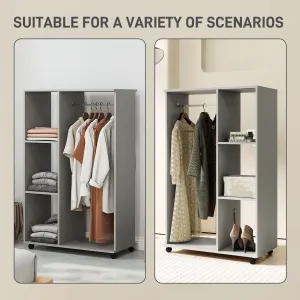 Rolling Open Wardrobe Hanging Rail Storage Shelves for Clothes, Grey