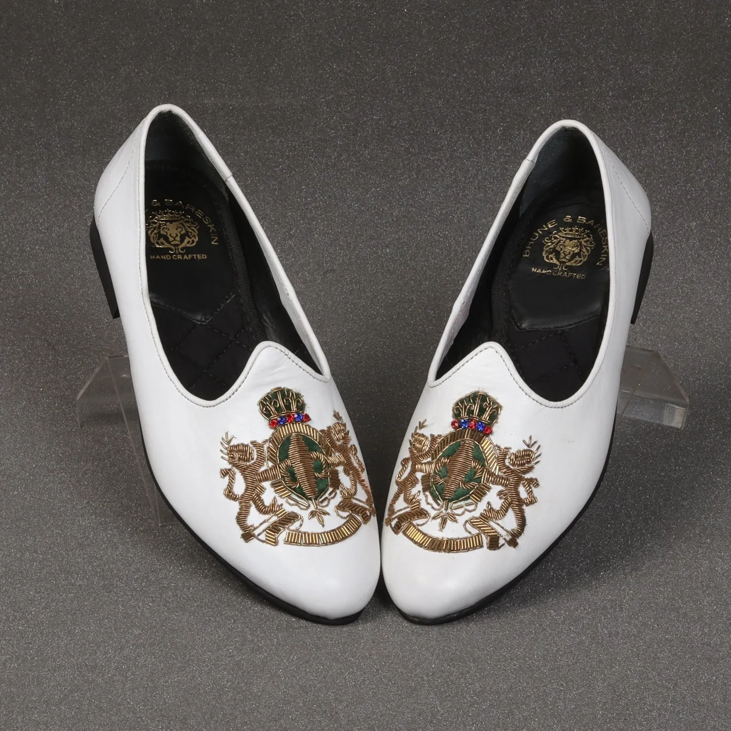 Royal Crown Lion Crest Green Accent Golden Zardosi White Leather Jalsa by Brune & Bareskin