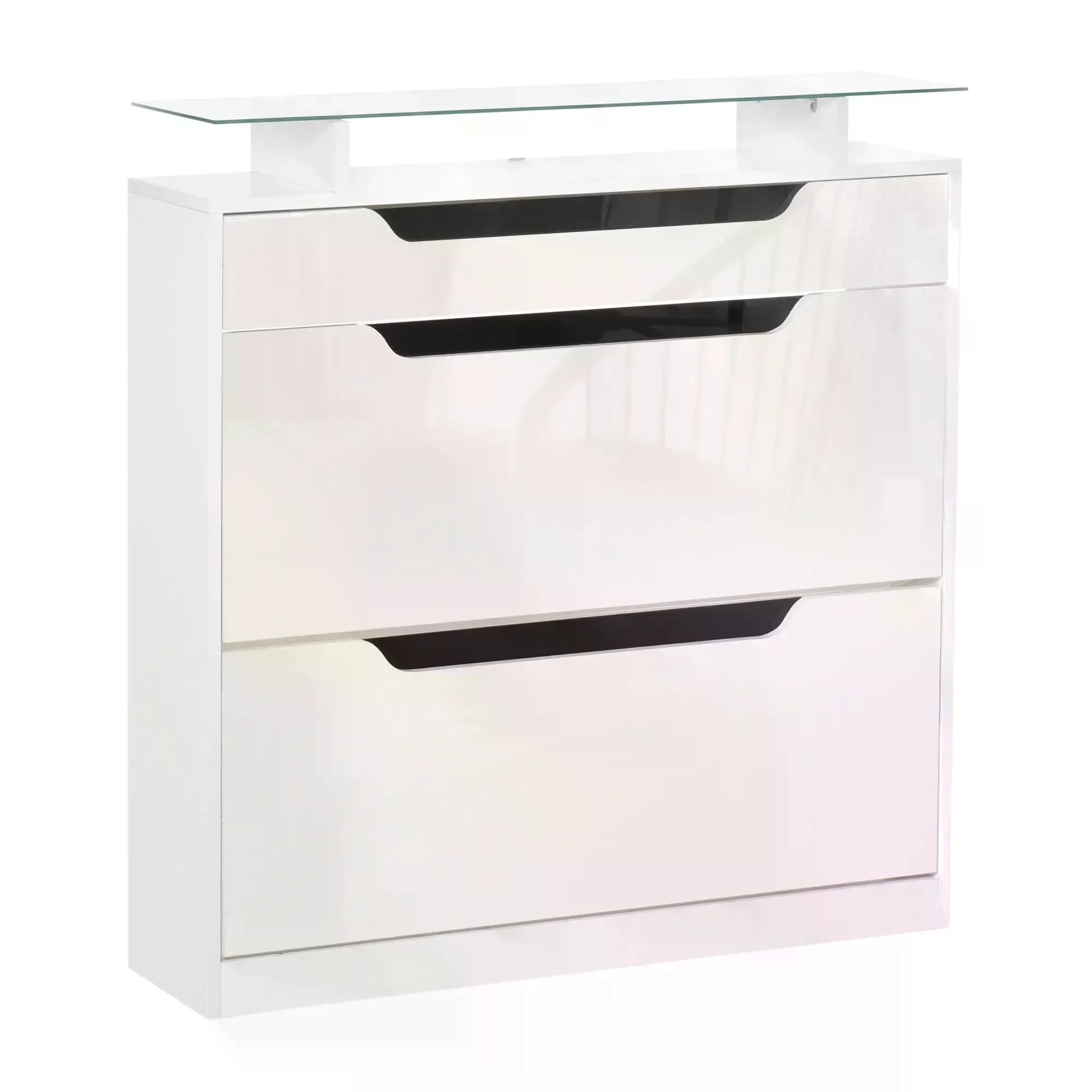 Shoe Cabinet with 3 Drawers High Gloss Storage Cupboard Tipping Bucket with Flip Door Glass Top Adjustable Shelf Large-Capacity for 14 Pairs