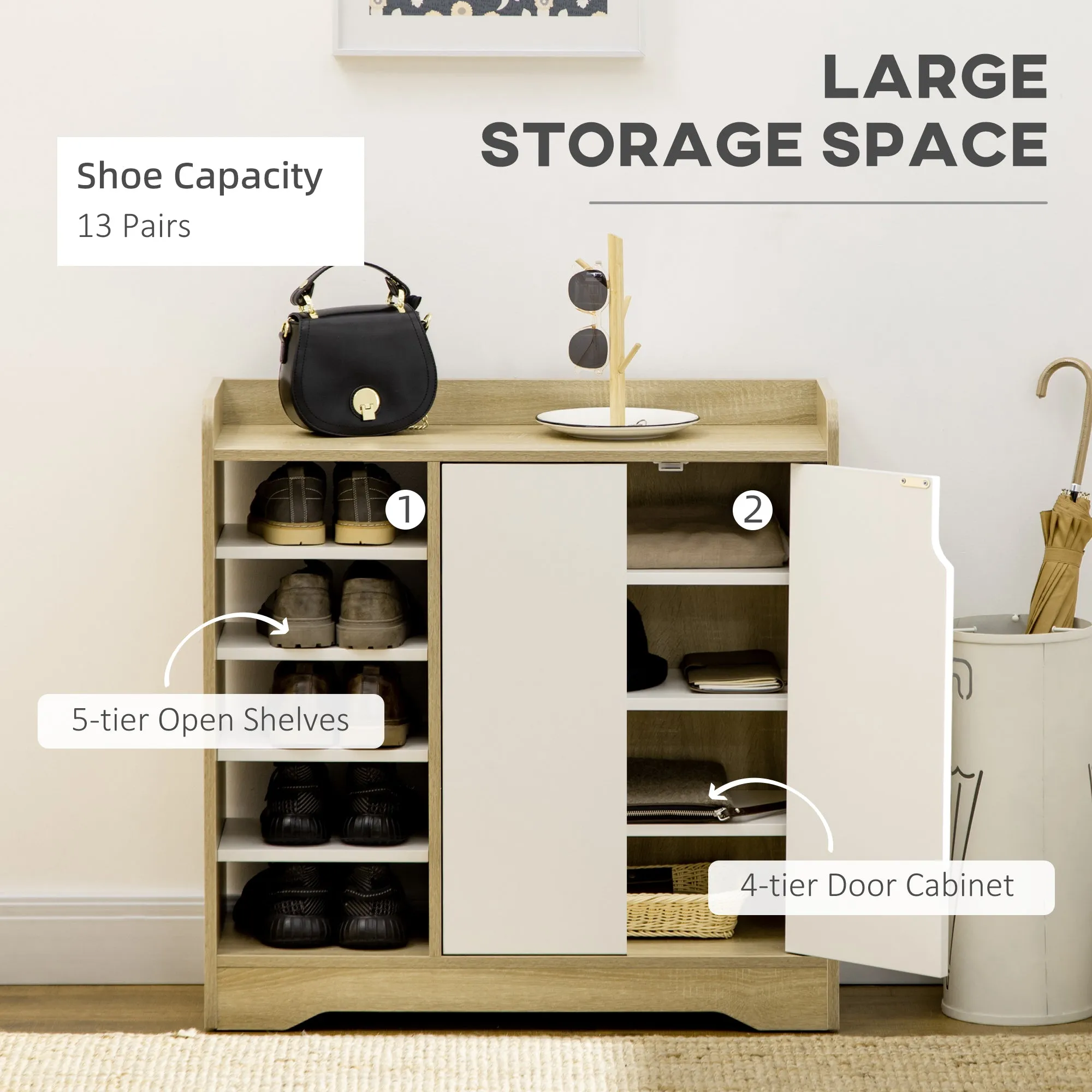 Shoe Storage with Double Doors and Open Shelves 13 Pair Shoe Storage Organizer for Entryway Hallway Natural and White