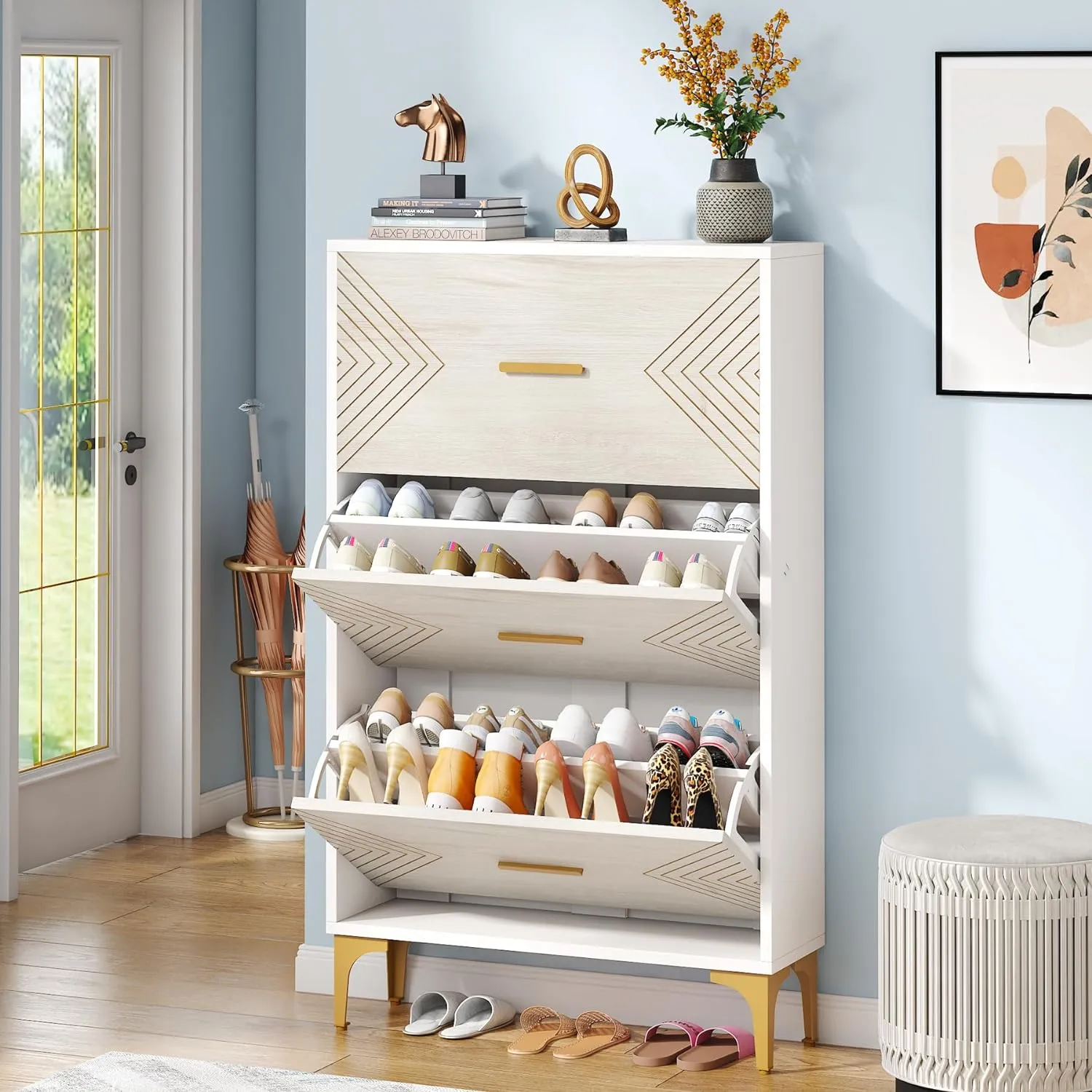 Slim Shoe Cabinet, Hidden Shoe Rack Organizer with 3 Flip Drawers