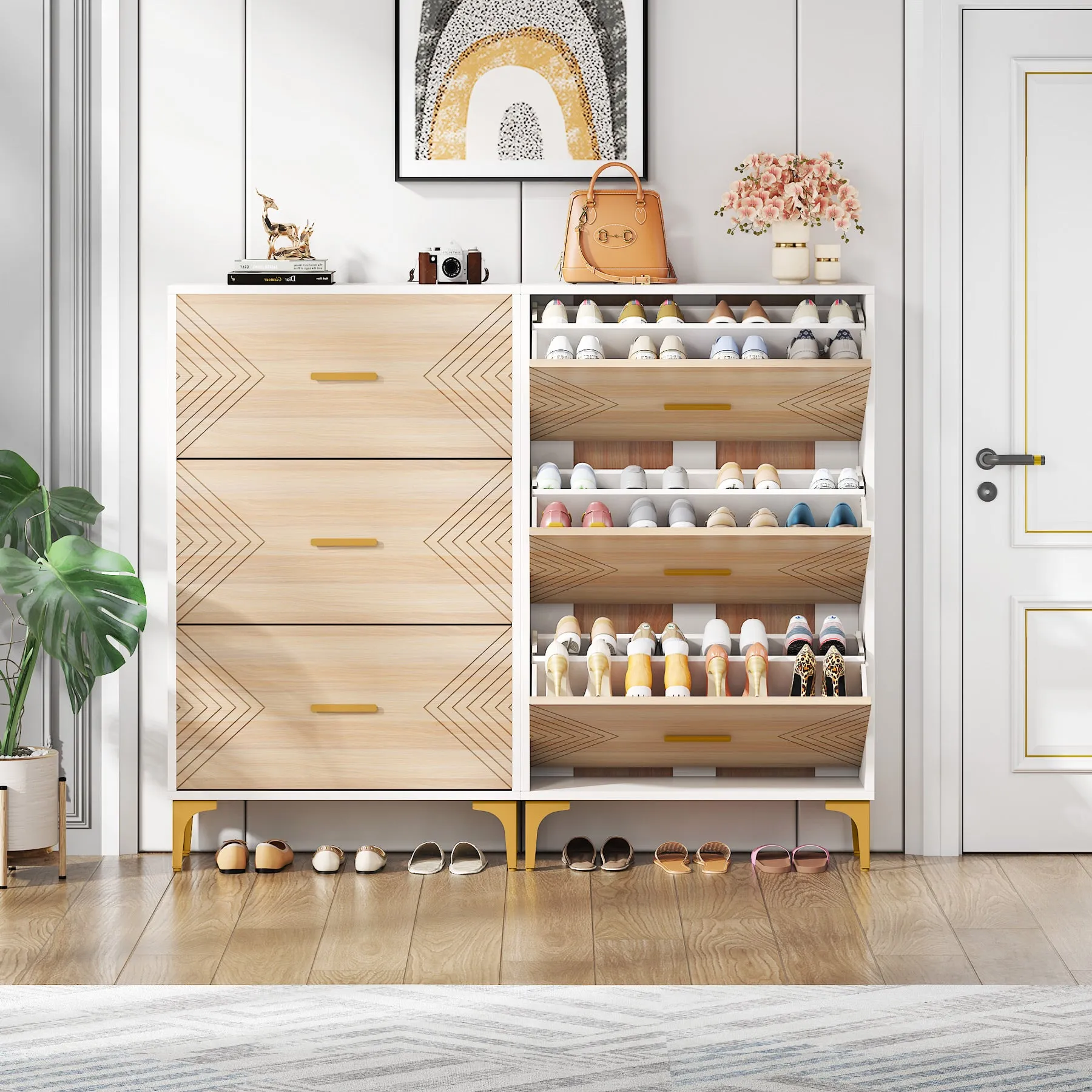 Slim Shoe Cabinet, Hidden Shoe Rack Organizer with 3 Flip Drawers