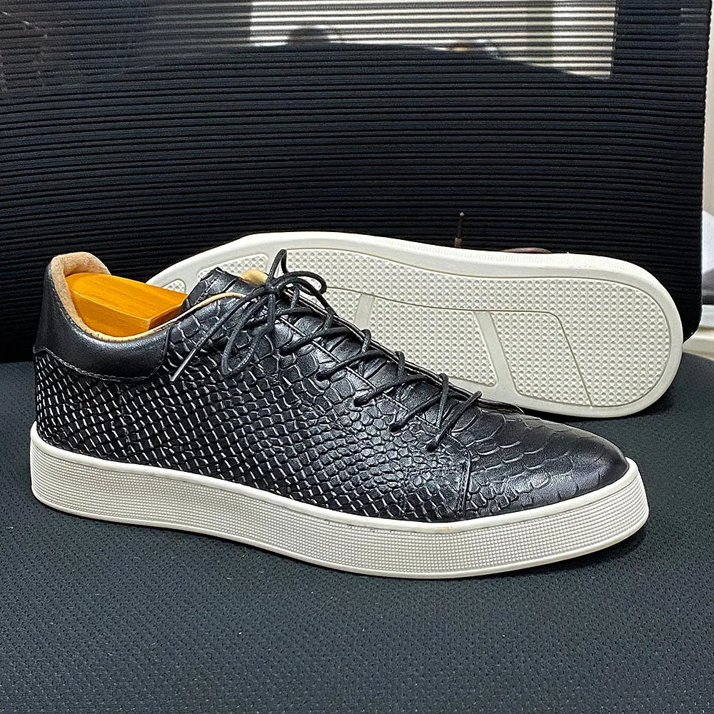 Snakeskin Pattern Leather Lace-Up Sneakers