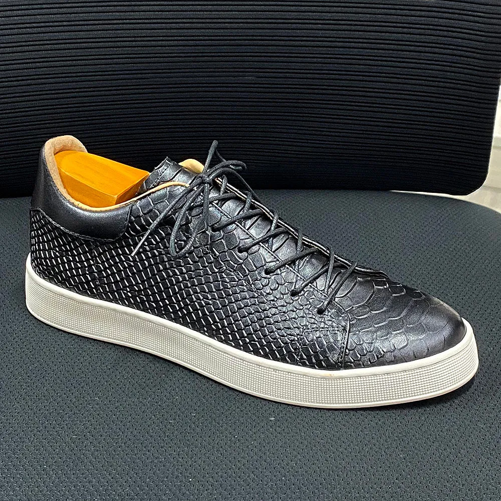 Snakeskin Pattern Leather Lace-Up Sneakers