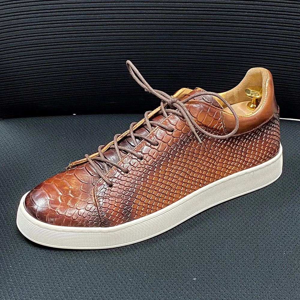 Snakeskin Pattern Leather Lace-Up Sneakers