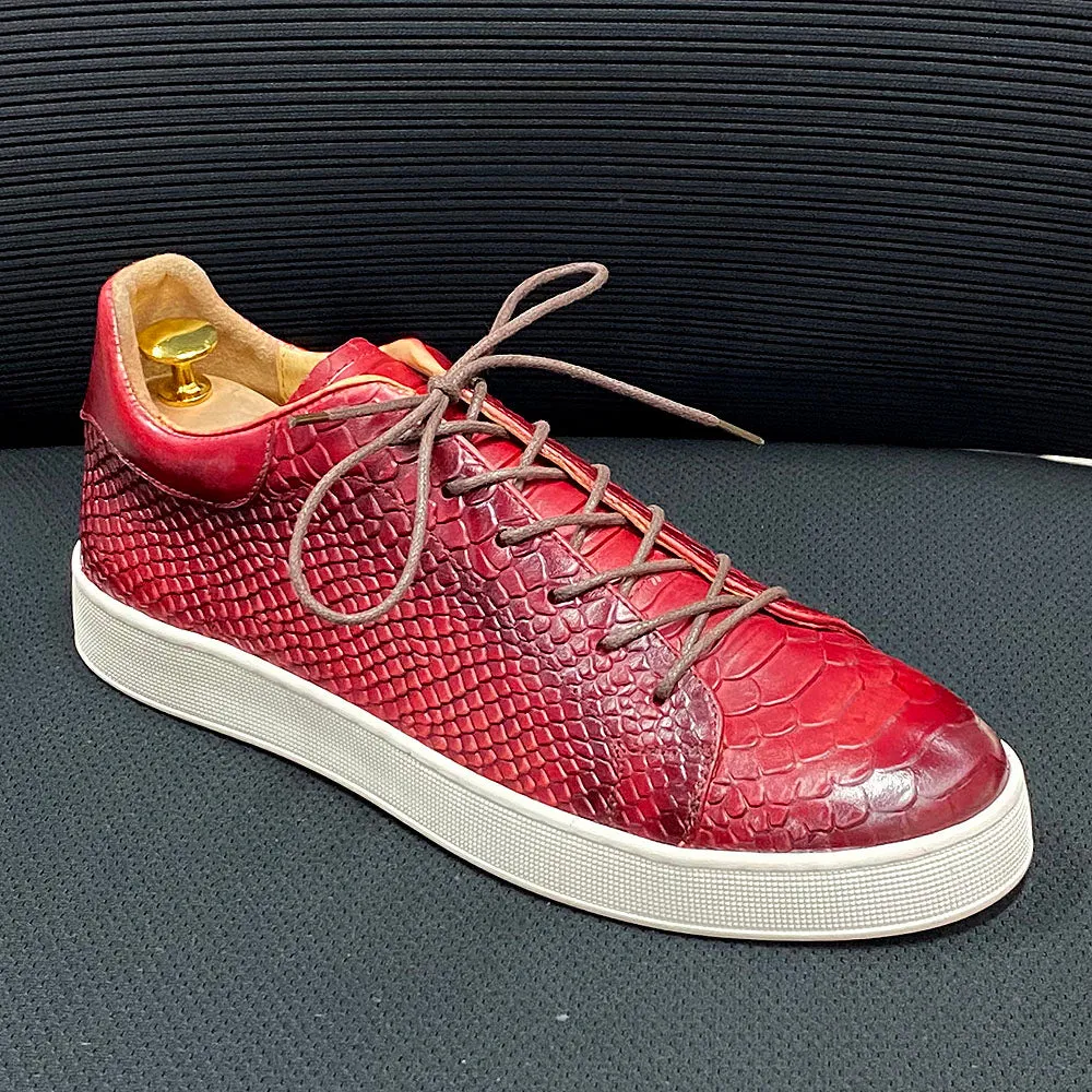 Snakeskin Pattern Leather Lace-Up Sneakers