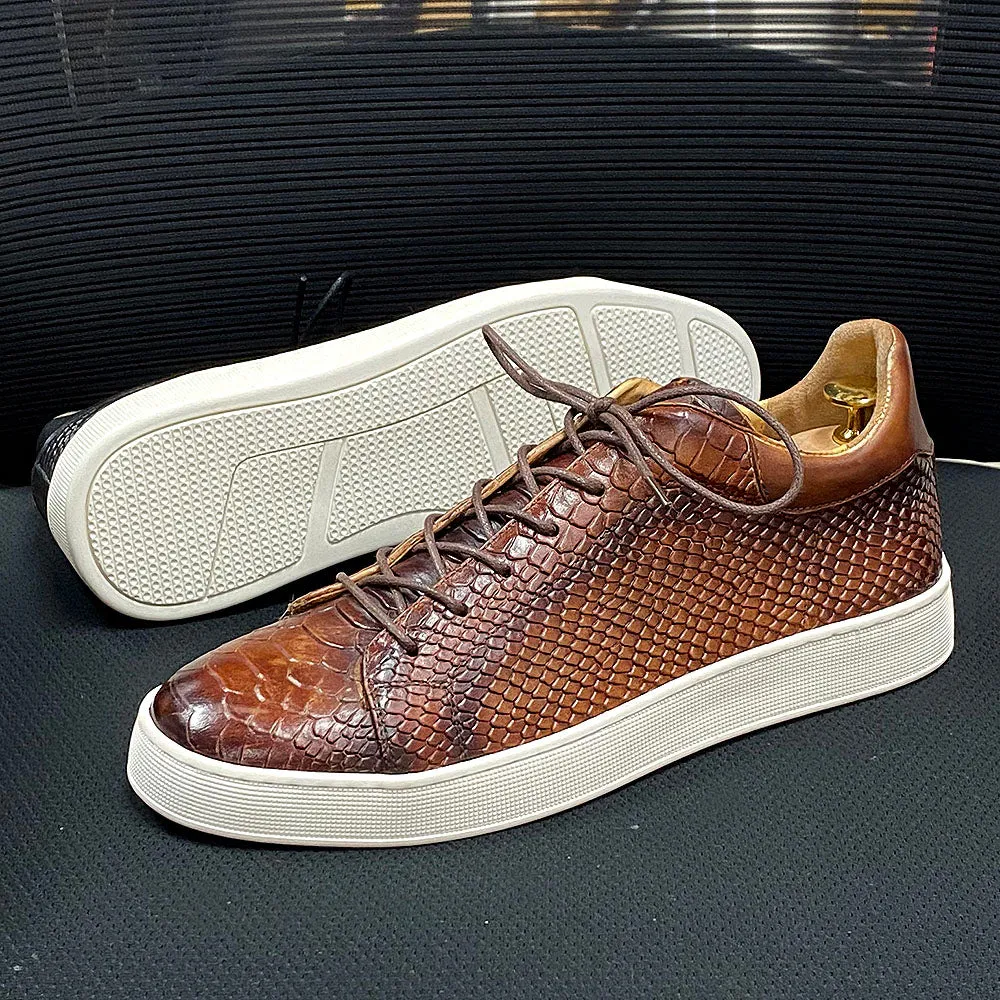 Snakeskin Pattern Leather Lace-Up Sneakers