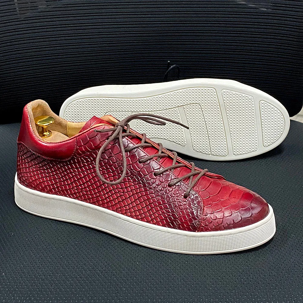 Snakeskin Pattern Leather Lace-Up Sneakers