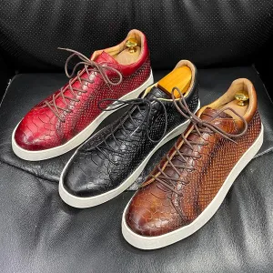 Snakeskin Pattern Leather Lace-Up Sneakers