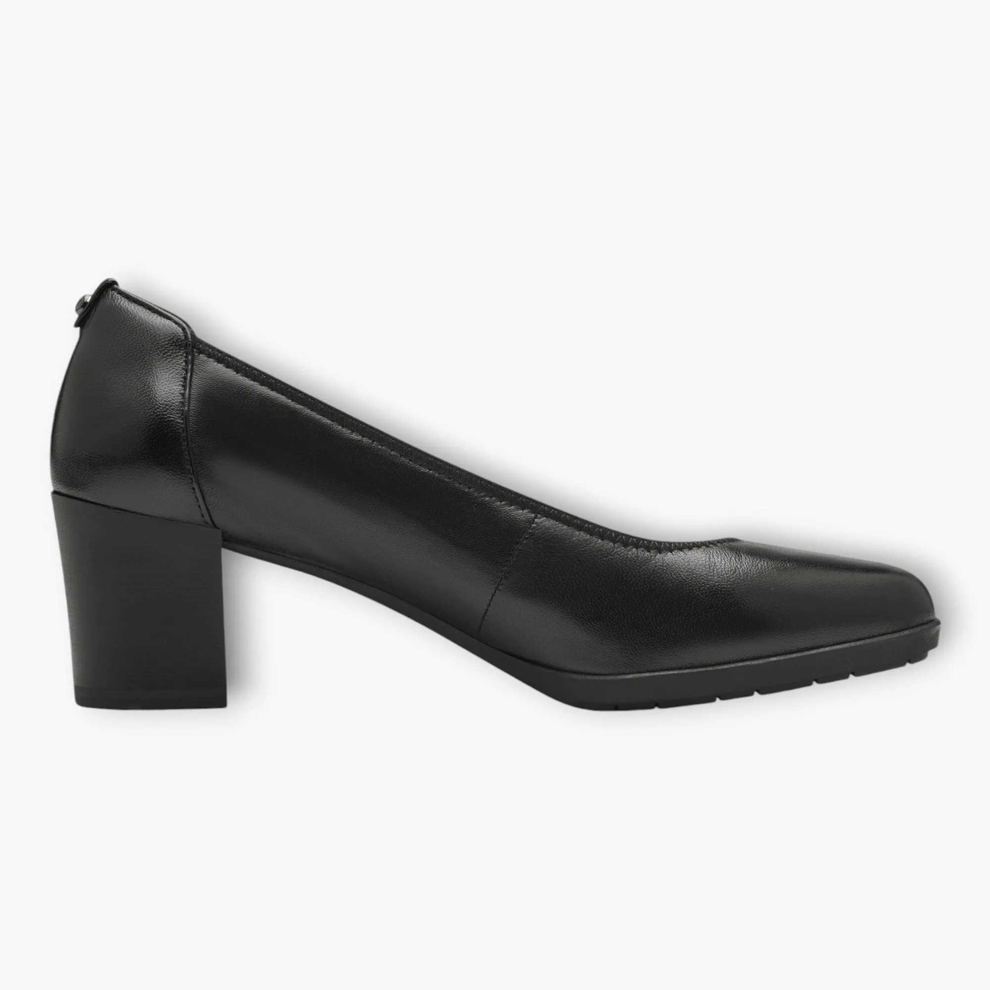 Tamaris Black Leather Court Shoe with Funnel Heel and Soft Footbed