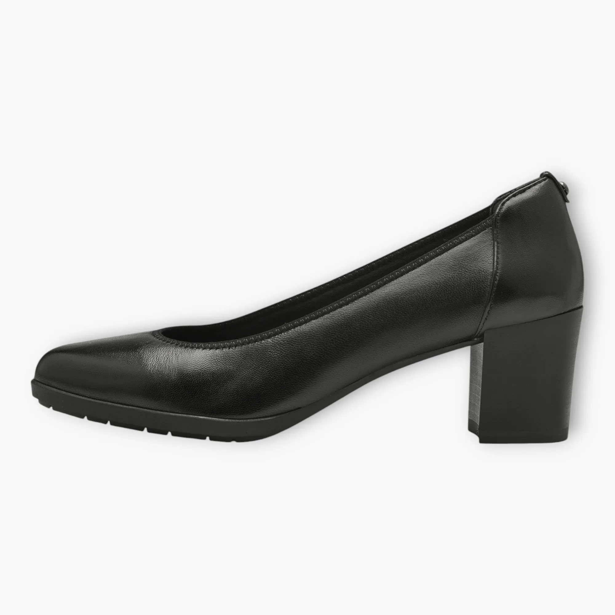 Tamaris Black Leather Court Shoe with Funnel Heel and Soft Footbed