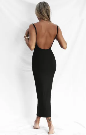 THE LUXE RIB LOW BACK MIDI DRESS - BLACK