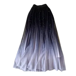 Uniwim Women's Mesh Tulle Skirts Starry Sky Gradient Color Skirt Fairy High Waist A Line Pleated Skirt Sequin Skirt Evening Fancy Party